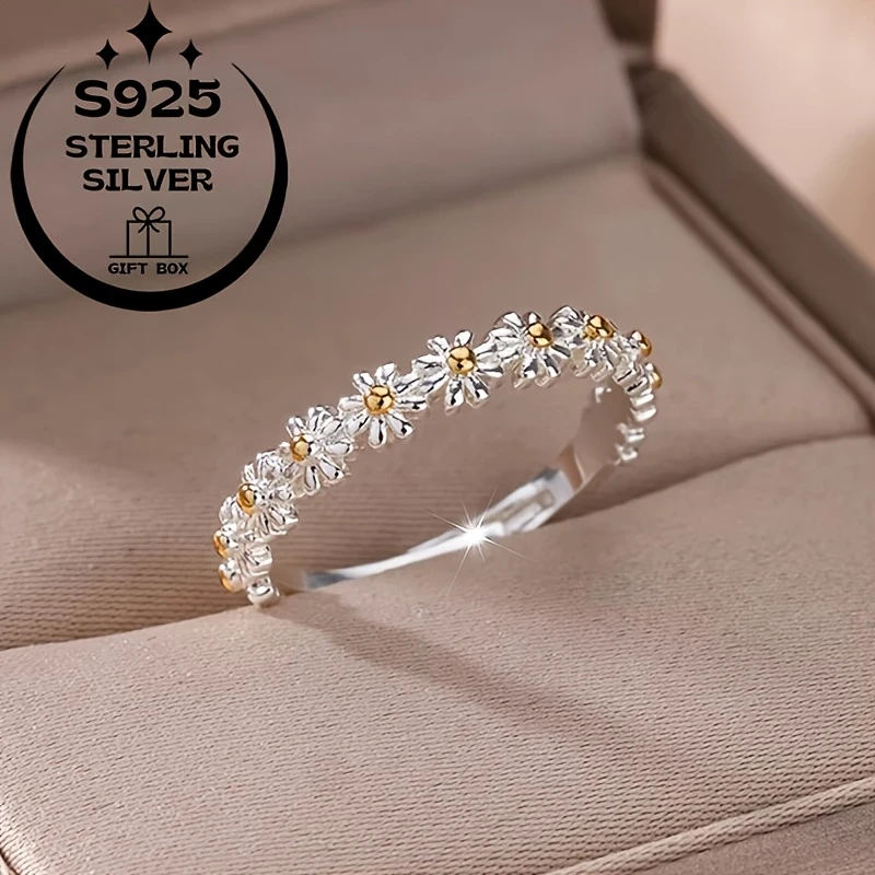 925 Silver Simple Daisy Flower Women's Ring – Adjustable Open Design