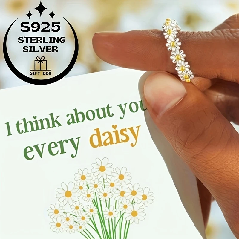 925 Silver Simple Daisy Flower Women's Ring – Adjustable Open Design