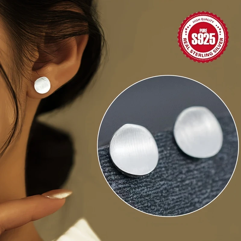 Elegant 925 Sterling Silver Stud Earrings – Matte Texture Concave Design