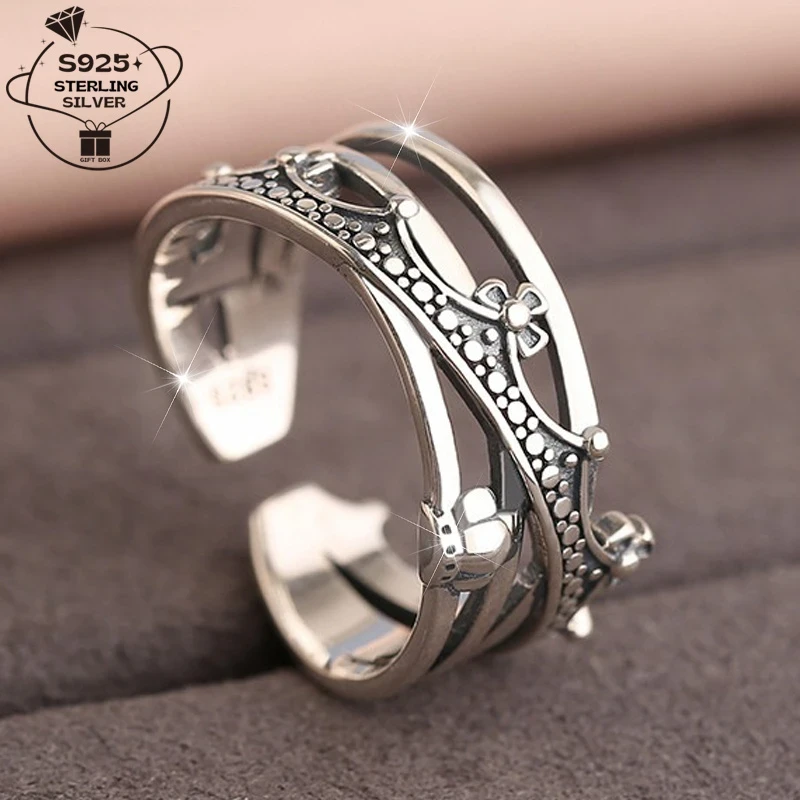 925 Sterling Silver Vintage Crown Ring - Elegant Minimalist Design with Sparkling Accents, Unisex for Women & Men, Perfect for Weddings, Music Festivals, and Daily Wear