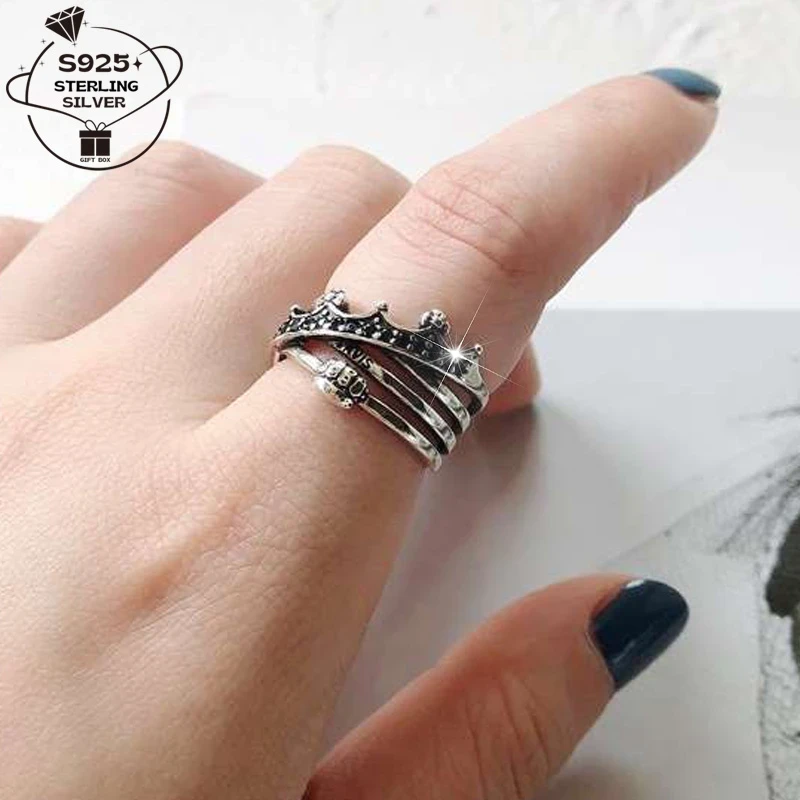 925 Sterling Silver Vintage Crown Ring - Elegant Minimalist Design with Sparkling Accents, Unisex for Women & Men, Perfect for Weddings, Music Festivals, and Daily Wear