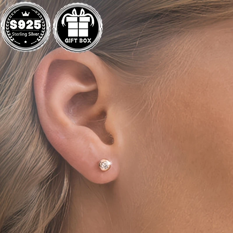 Women’s Fashion Earrings, Classic Simple Bubble Design Ear Bone Studs, 925 Silver, 0.5g, Gift Box Packaging – Perfect for Daily Wear, Christmas Parties, and Banquets