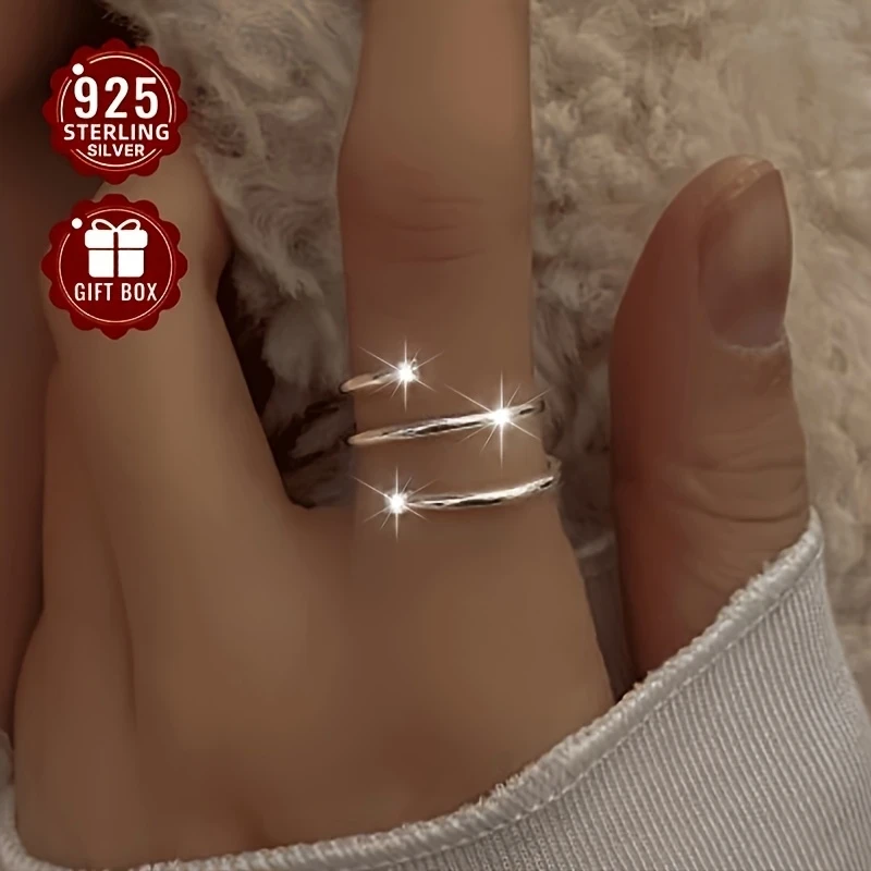 1pc Women’s Adjustable Open Ring 925 Silver - Elegant Spiral Design with Synthetic Cubic Zirconia, Ideal for Daily Wear, Parties & Banquets