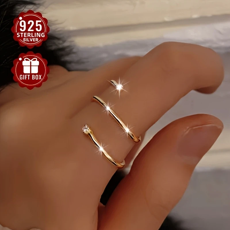 1pc Women’s Adjustable Open Ring 925 Silver - Elegant Spiral Design with Synthetic Cubic Zirconia, Ideal for Daily Wear, Parties & Banquets