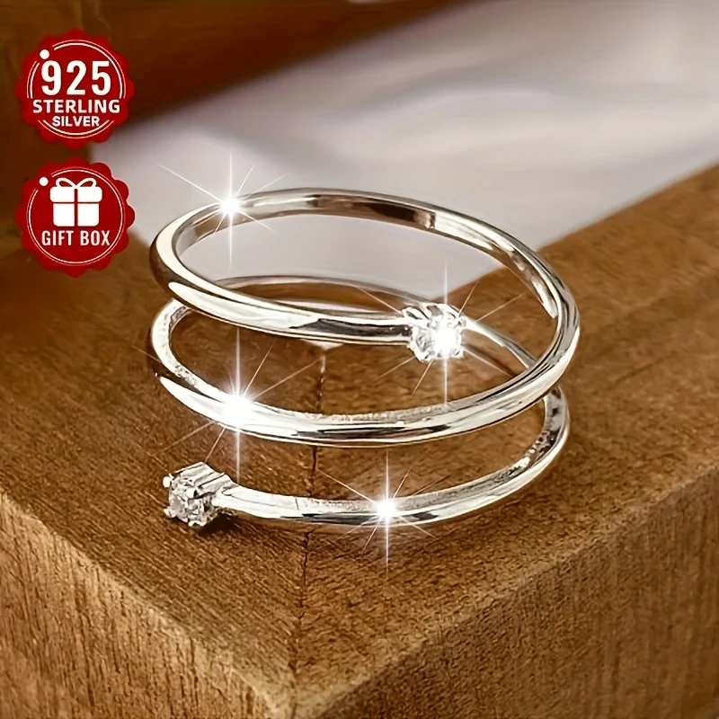 1pc Women’s Adjustable Open Ring 925 Silver - Elegant Spiral Design with Synthetic Cubic Zirconia, Ideal for Daily Wear, Parties & Banquets