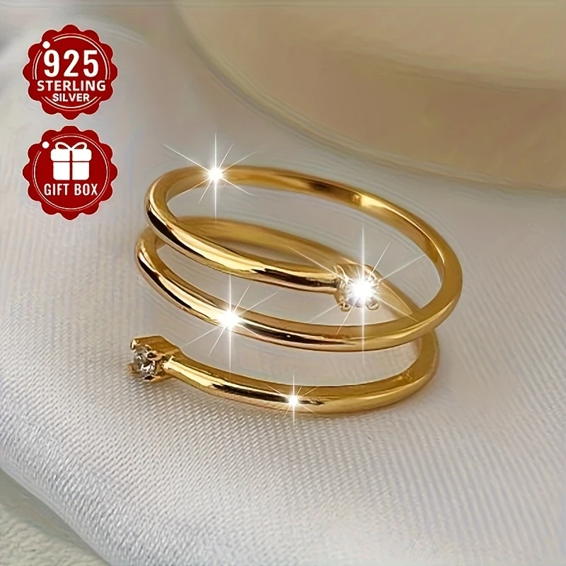 1pc Women’s Adjustable Open Ring 925 Silver - Elegant Spiral Design with Synthetic Cubic Zirconia, Ideal for Daily Wear, Parties & Banquets