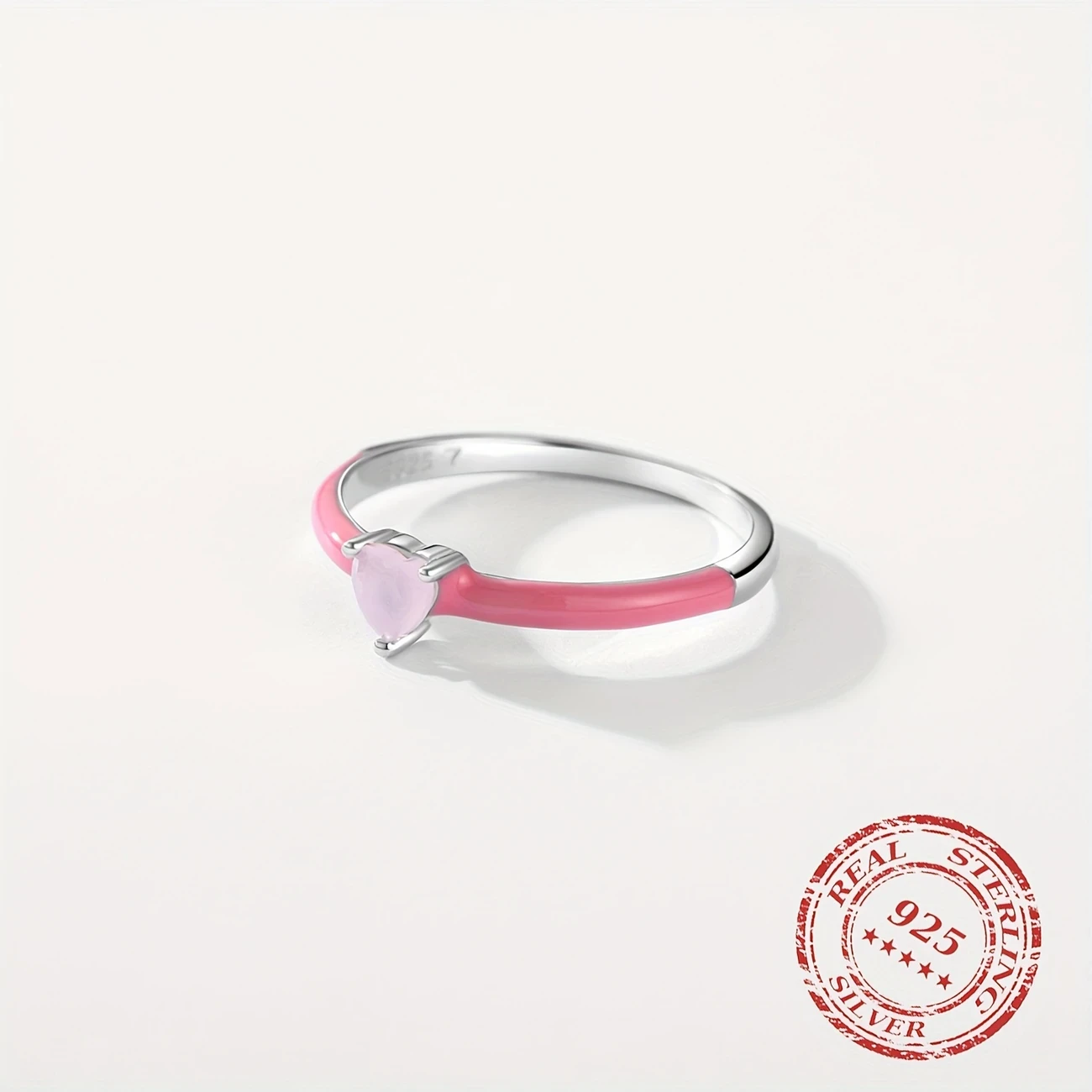 925 Sterling Silver New Design Pink Enamel Ring with Heart CZ – Trendy Stackable Jewelry for Women, Perfect Gift for Parties