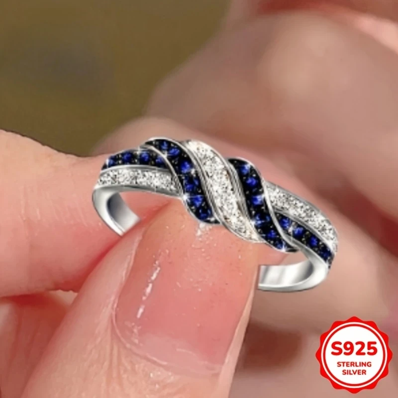 Elegant Twisted Infinity Love Ring for Women – 925 Sterling Silvery with Sparkling Blue Cubic Zirconia