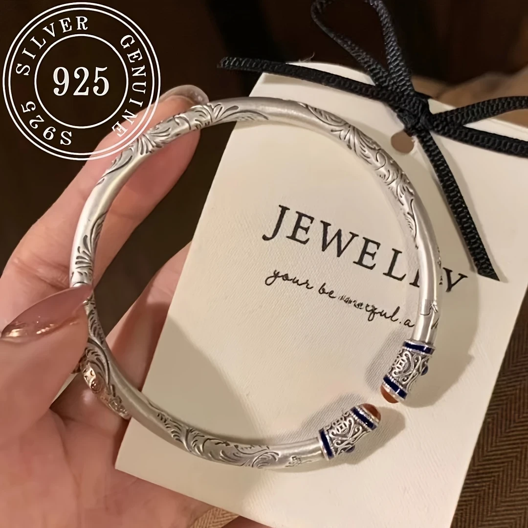 925 Silver Tang Grass Pattern Women’s Fashion Open Bangle – Chinese Style Vintage Solid Hand Chain, All-Season Accessory for Daily Wear and Gift Giving