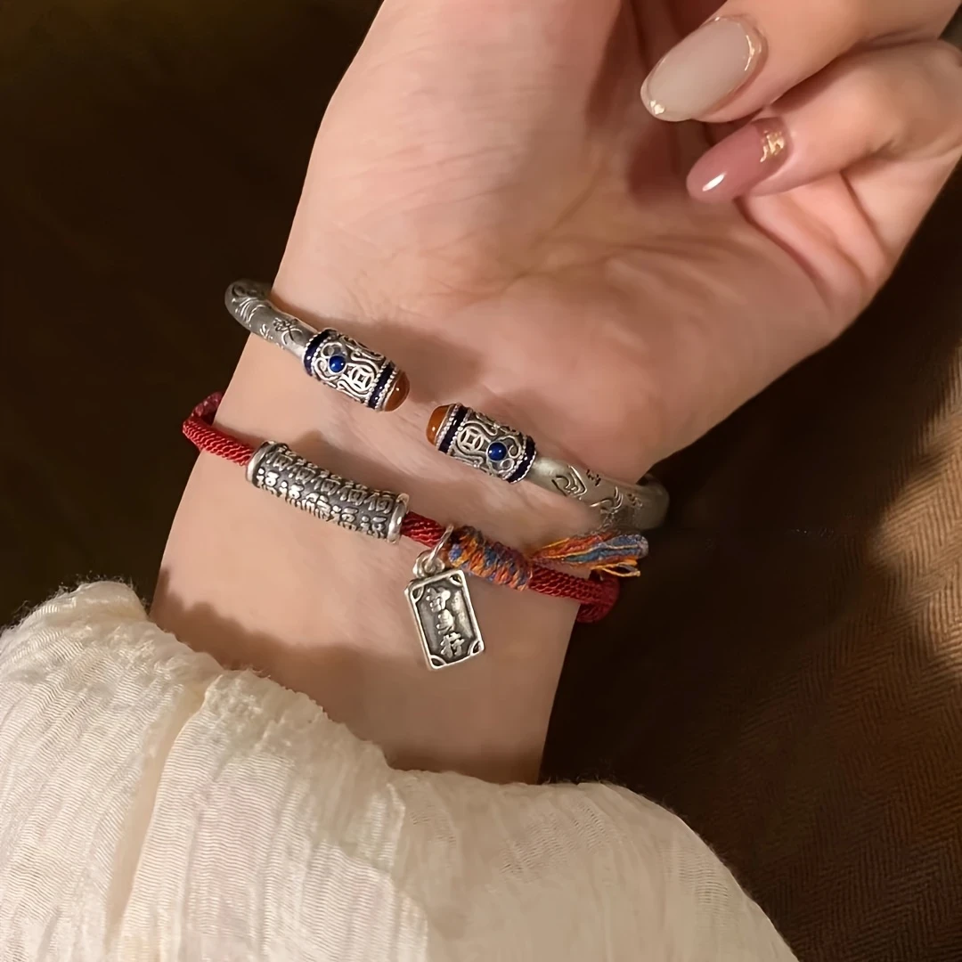 925 Silver Tang Grass Pattern Women’s Fashion Open Bangle – Chinese Style Vintage Solid Hand Chain, All-Season Accessory for Daily Wear and Gift Giving