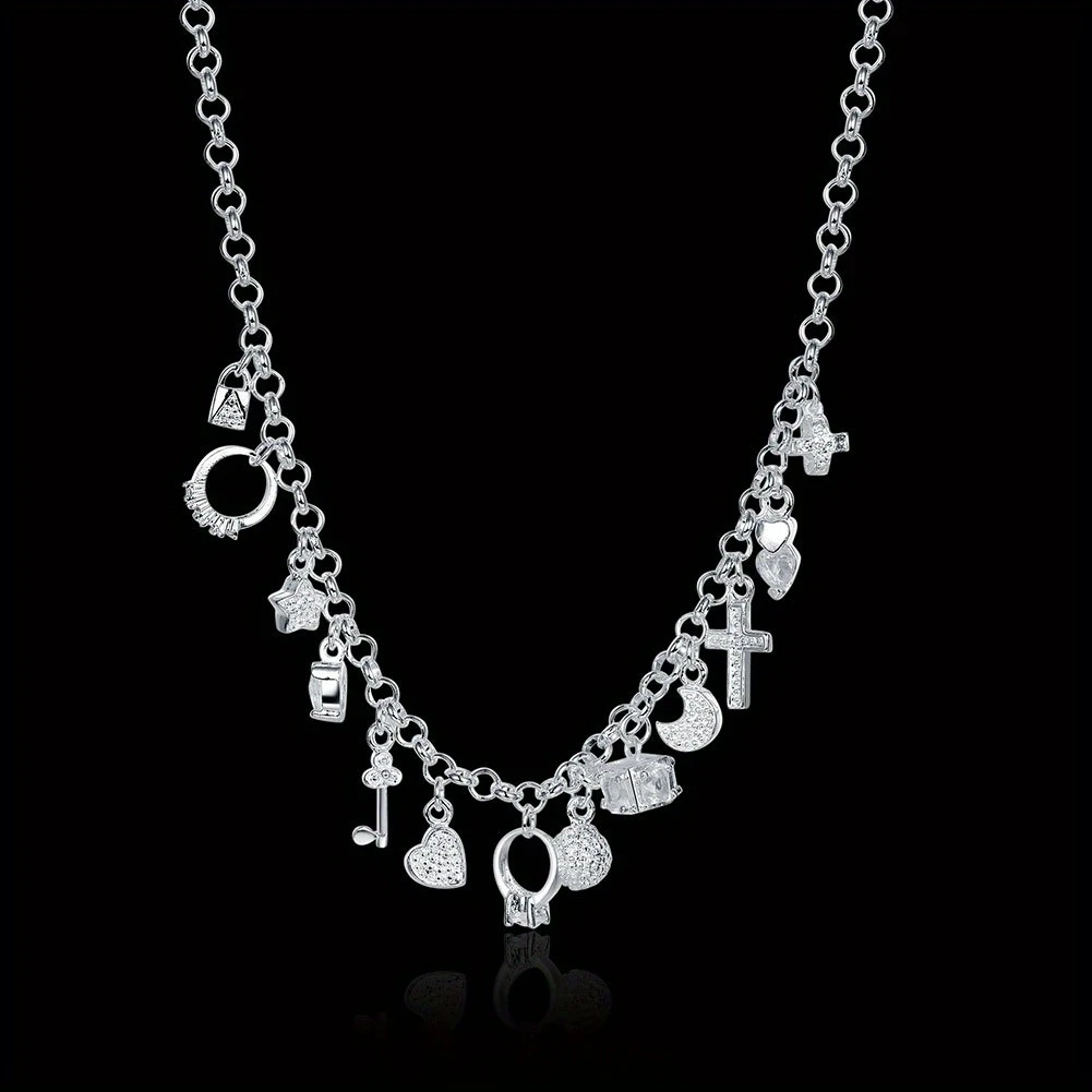 925 Sterling Silver 45cm (18inch) Chain Necklace with Thirteen Pendant Multi-Element – Fashion Simple Silver Jewelry for Women, Men, and Lady
