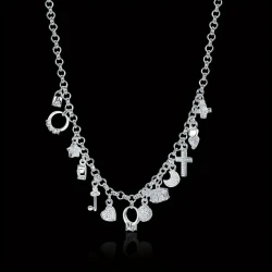 925 Sterling Silver 45cm (18inch) Chain Necklace with Thirteen Pendant Multi-Element – Fashion Simple Silver Jewelry for Women, Men, and Lady