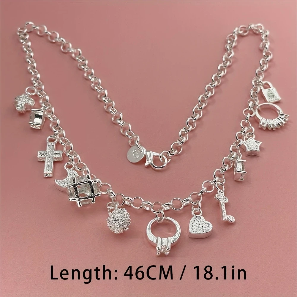 925 Sterling Silver 45cm (18inch) Chain Necklace with Thirteen Pendant Multi-Element – Fashion Simple Silver Jewelry for Women, Men, and Lady