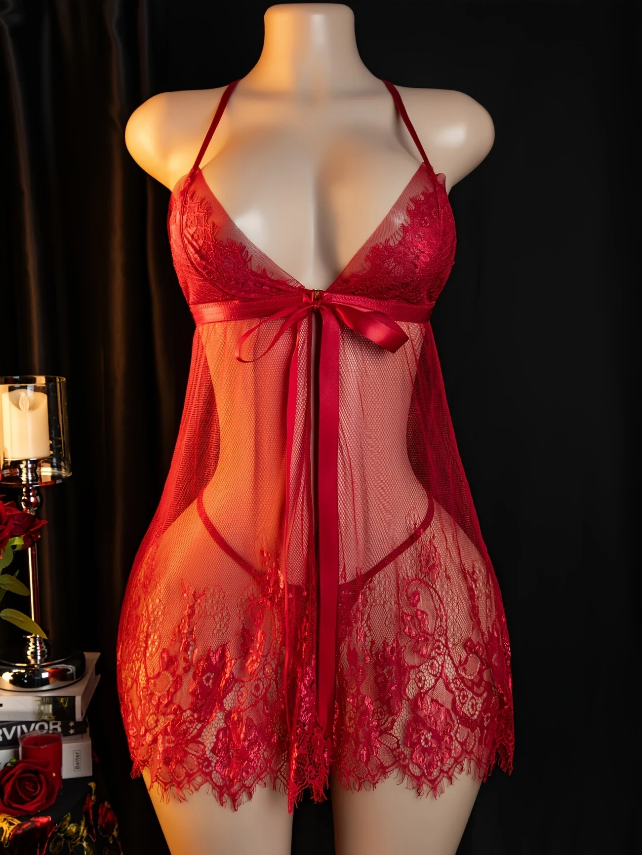 Elegant Red Lace Nightgown with Strapless Design and Bow Detail – Sexy Polyester Sleepwear Set for Women Including Garter Belt and Stockings, Romantic Evening Wear