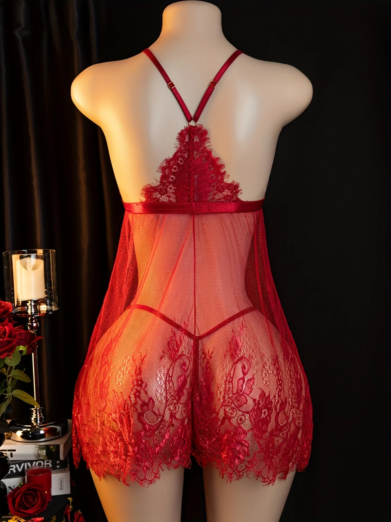 Elegant Red Lace Nightgown with Strapless Design and Bow Detail – Sexy Polyester Sleepwear Set for Women Including Garter Belt and Stockings, Romantic Evening Wear