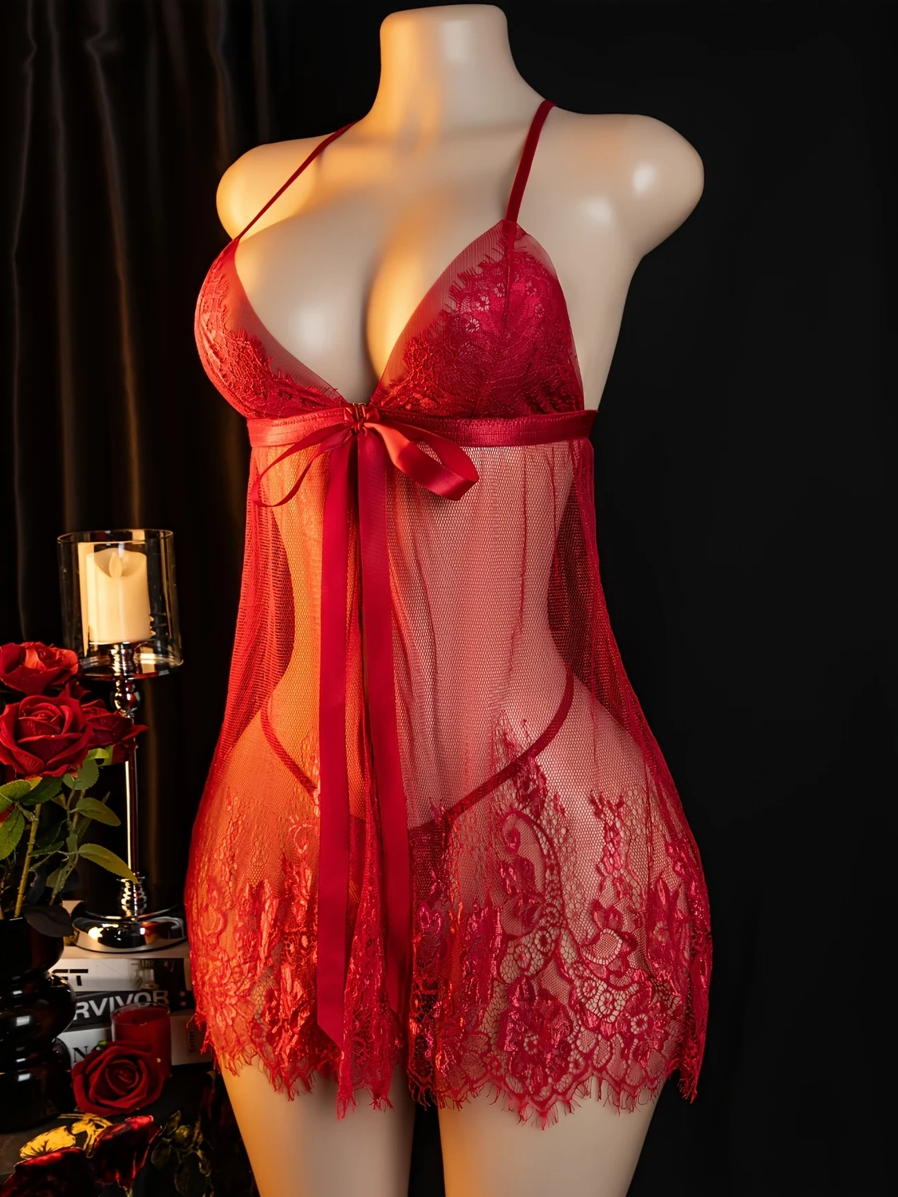 Elegant Red Lace Nightgown with Strapless Design and Bow Detail – Sexy Polyester Sleepwear Set for Women Including Garter Belt and Stockings, Romantic Evening Wear