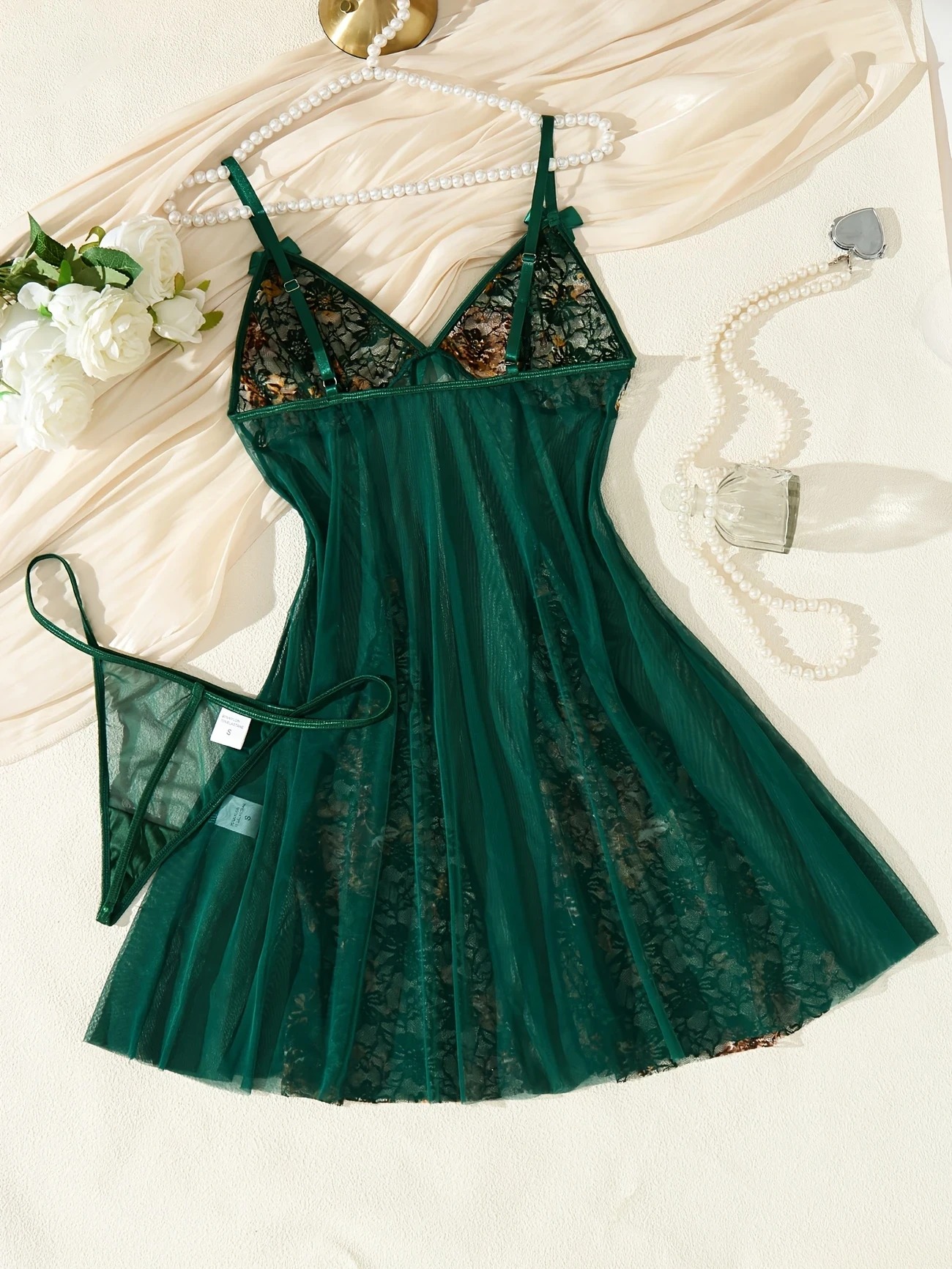 Sheer Nightgown with Sexy Embroidered Floral Designs and a Bow – Elegant Lingerie for Women