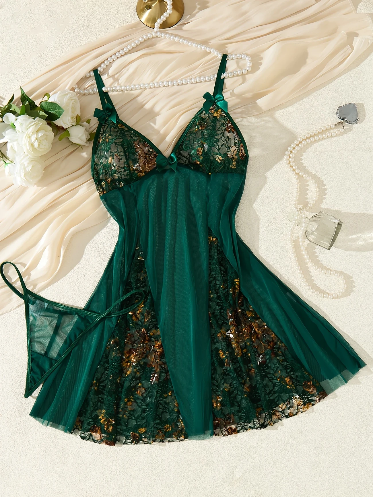 Sheer Nightgown with Sexy Embroidered Floral Designs and a Bow – Elegant Lingerie for Women
