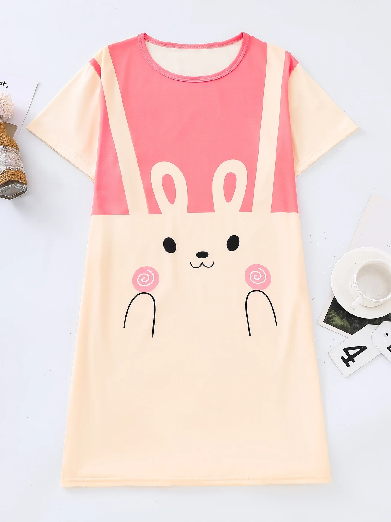 Adorable Rabbit Print Women’s Nightdress – Lightweight & Comfortable Short Sleeve Tee Dress with Soft Round Neck, Loose Fit for Summer Sleep and Lounge