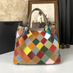 Genuine Leather Women's Handbag – Large Capacity Multi-Color Floral Print Shoulder Bag with Adjustable Strap, Zipper Closure & Polyester Lining