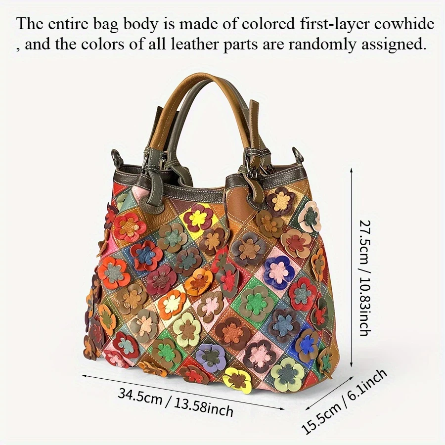 Genuine Leather Women's Handbag – Large Capacity Multi-Color Floral Print Shoulder Bag with Adjustable Strap, Zipper Closure & Polyester Lining