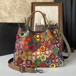 Genuine Leather Women's Handbag – Large Capacity Multi-Color Floral Print Shoulder Bag with Adjustable Strap, Zipper Closure & Polyester Lining