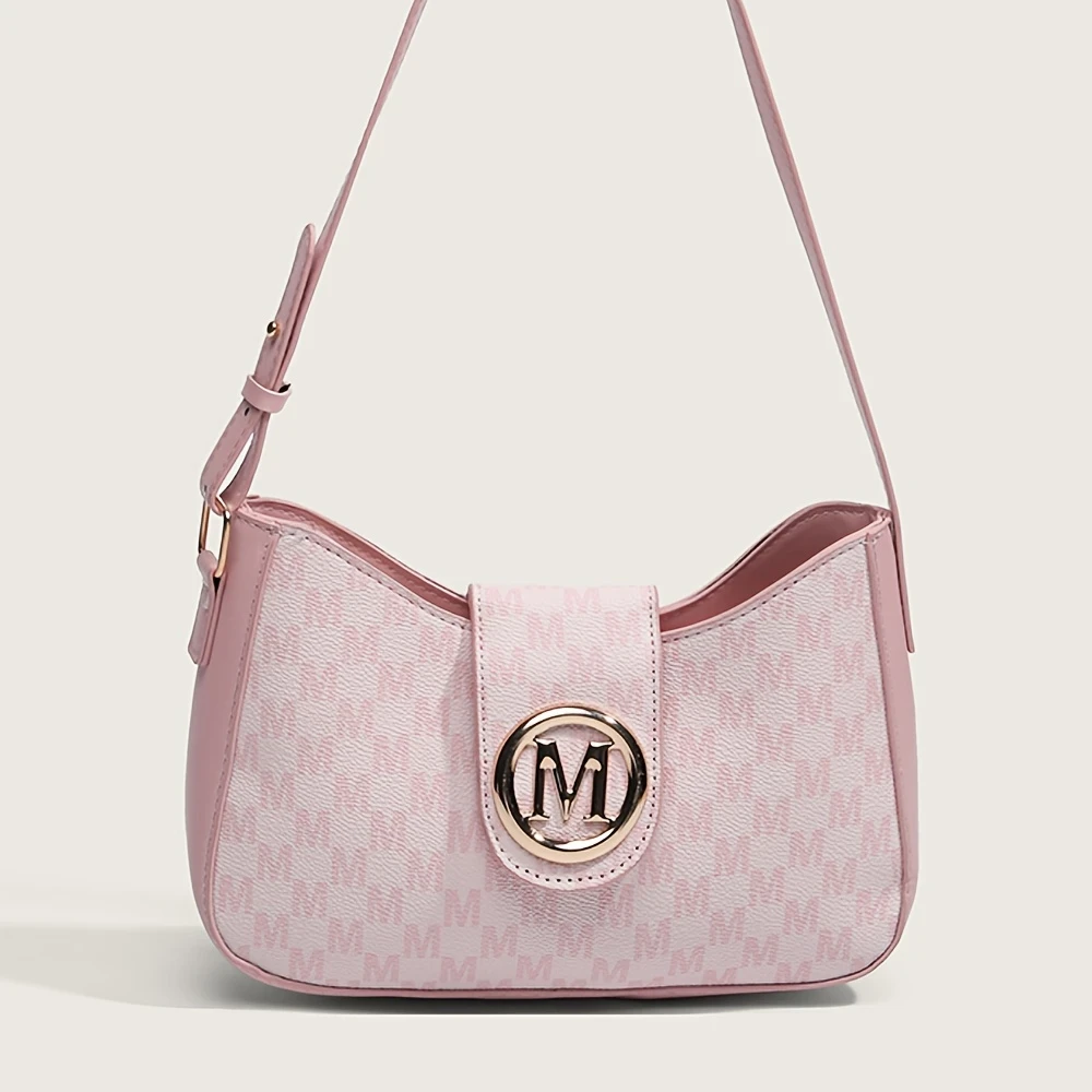 Chic M-Print Women’s Crossbody Bag – Sleek Black with Golden-Tone Clasp, Zipper Closure & Polyester Lining