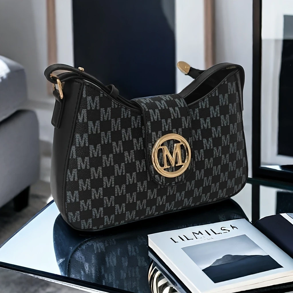 Chic M-Print Women’s Crossbody Bag – Sleek Black with Golden-Tone Clasp, Zipper Closure & Polyester Lining