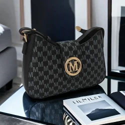Chic M-Print Women’s Crossbody Bag – Sleek Black with Golden-Tone Clasp, Zipper Closure & Polyester Lining