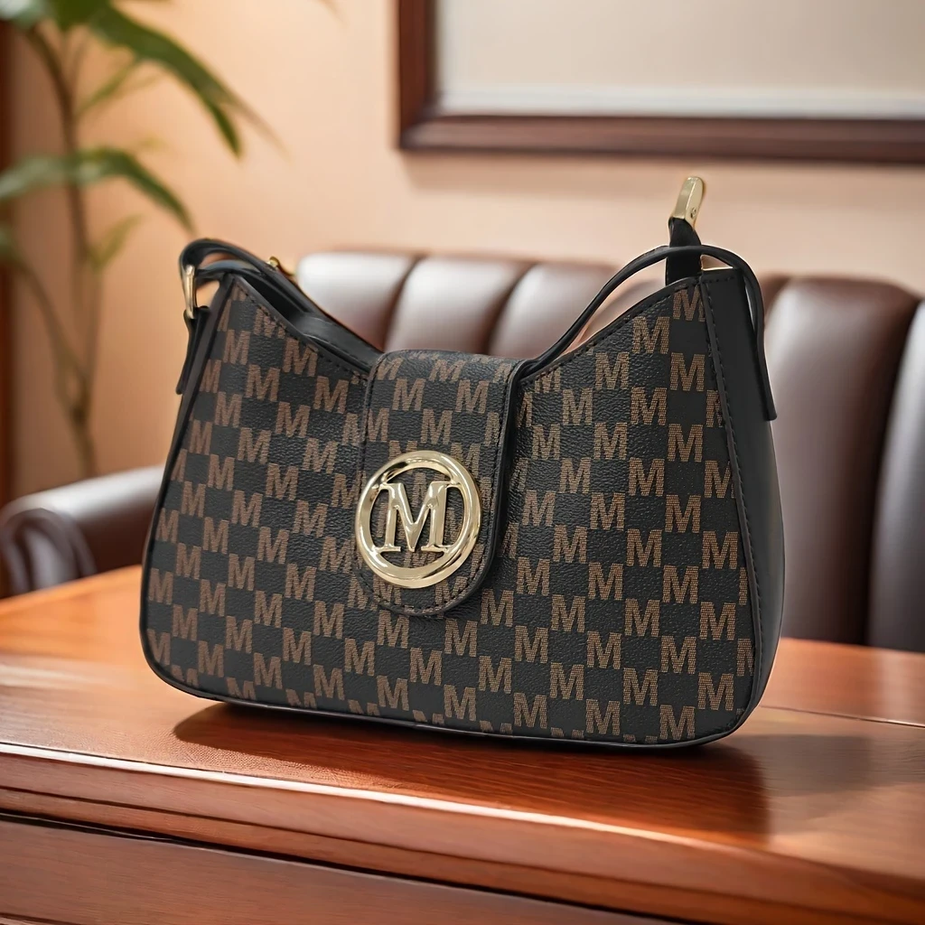 Chic M-Print Women’s Crossbody Bag – Sleek Black with Golden-Tone Clasp, Zipper Closure & Polyester Lining