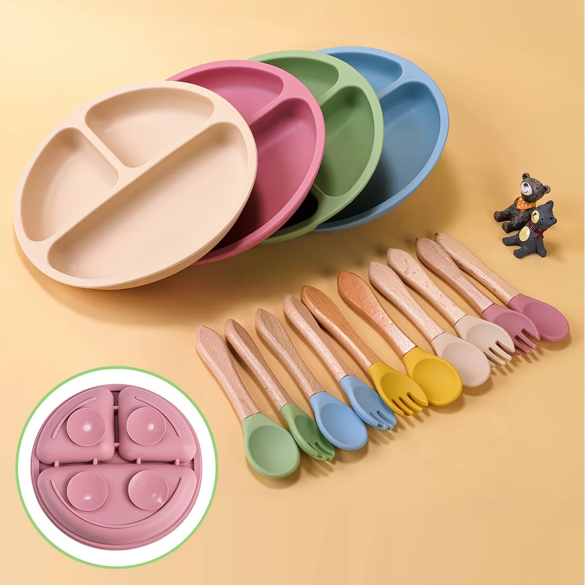 Silicone Baby Feeding Set – BPA-Free Suction Bowl, Divided Plate, Spoon, Fork & Bibs