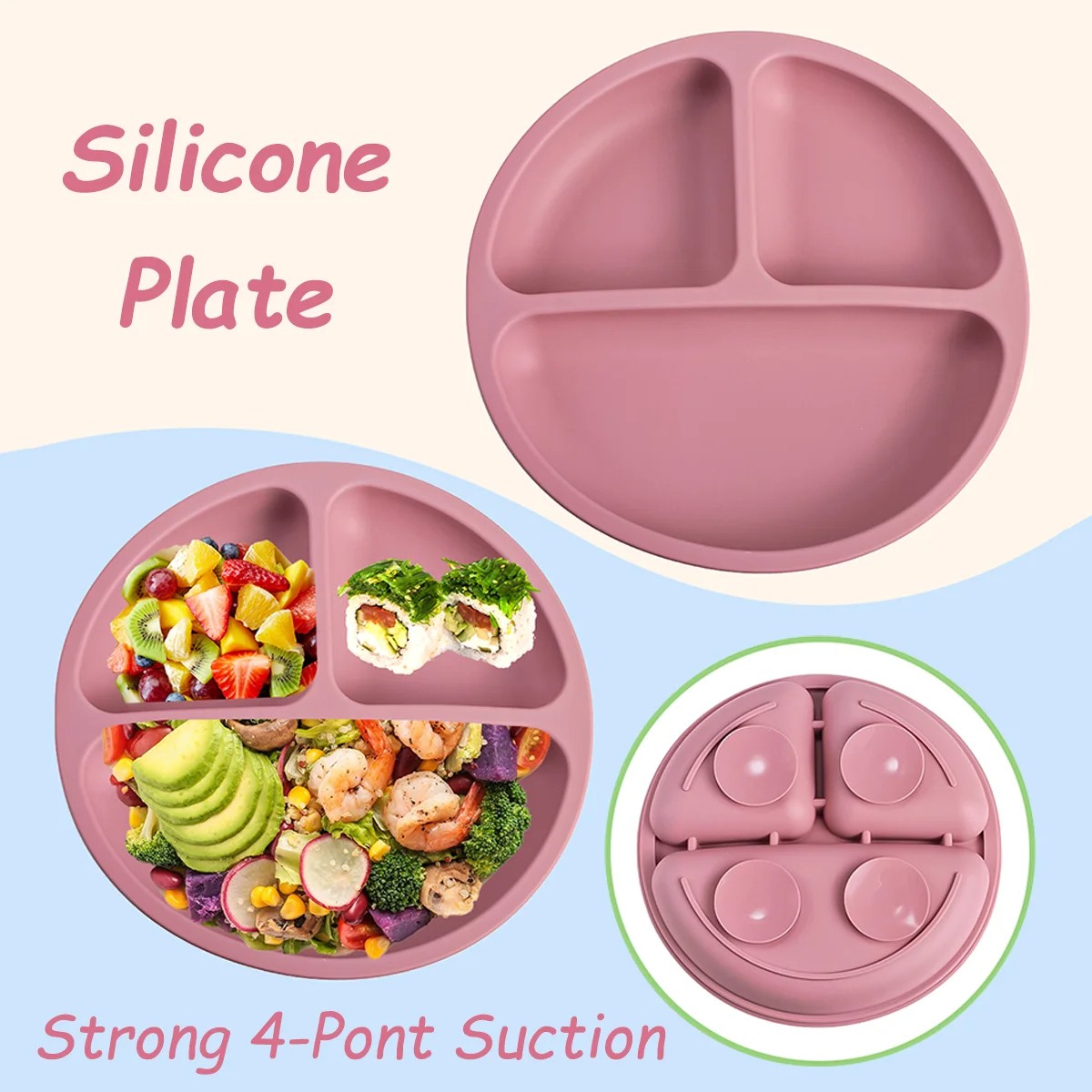 Silicone Baby Feeding Set – BPA-Free Suction Bowl, Divided Plate, Spoon, Fork & Bibs