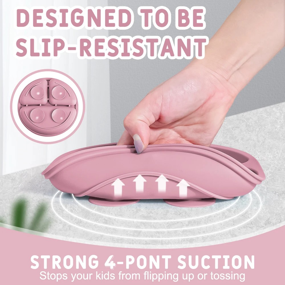 Silicone Baby Feeding Set – BPA-Free Suction Bowl, Divided Plate, Spoon, Fork & Bibs