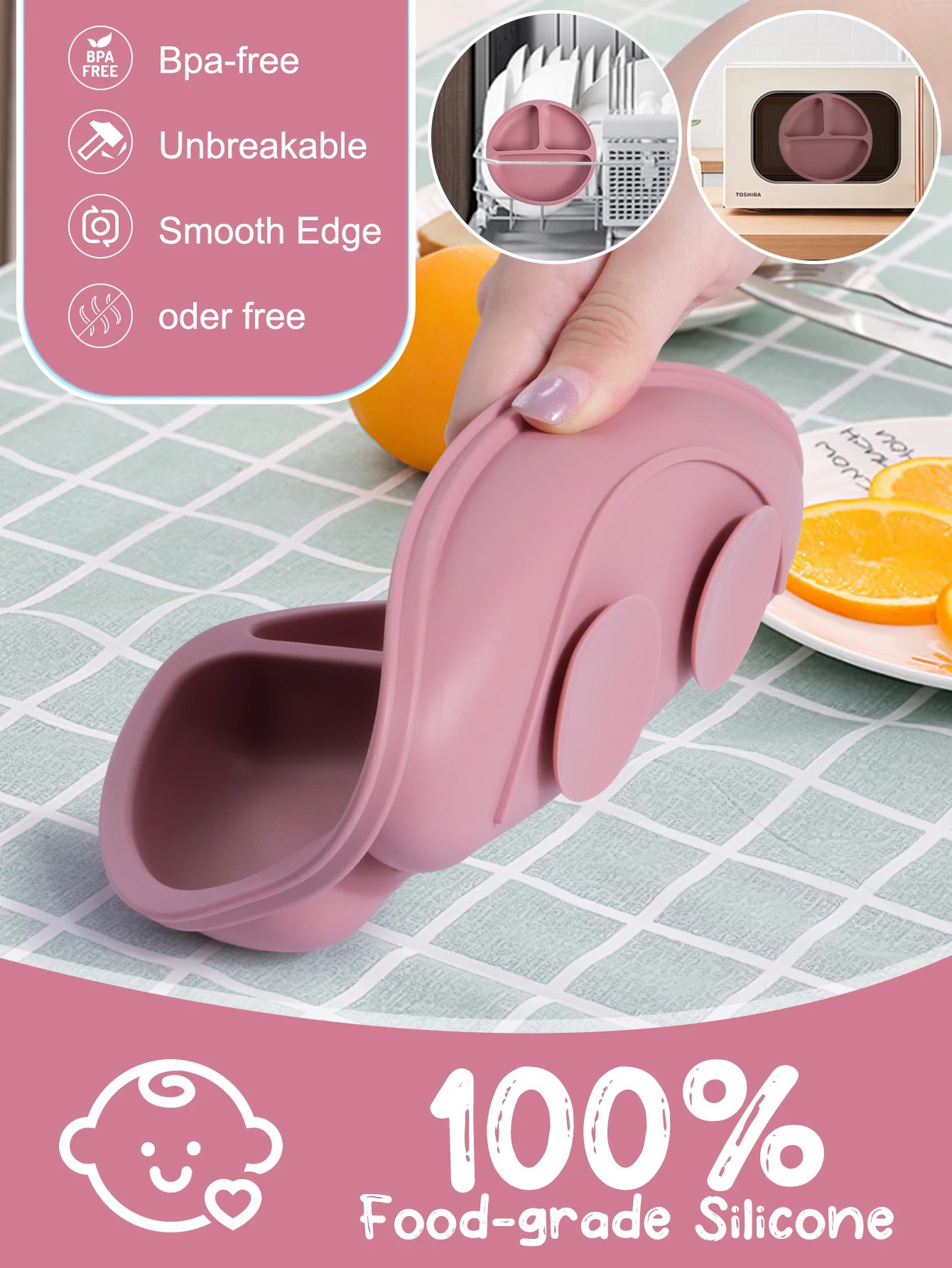 Silicone Baby Feeding Set – BPA-Free Suction Bowl, Divided Plate, Spoon, Fork & Bibs