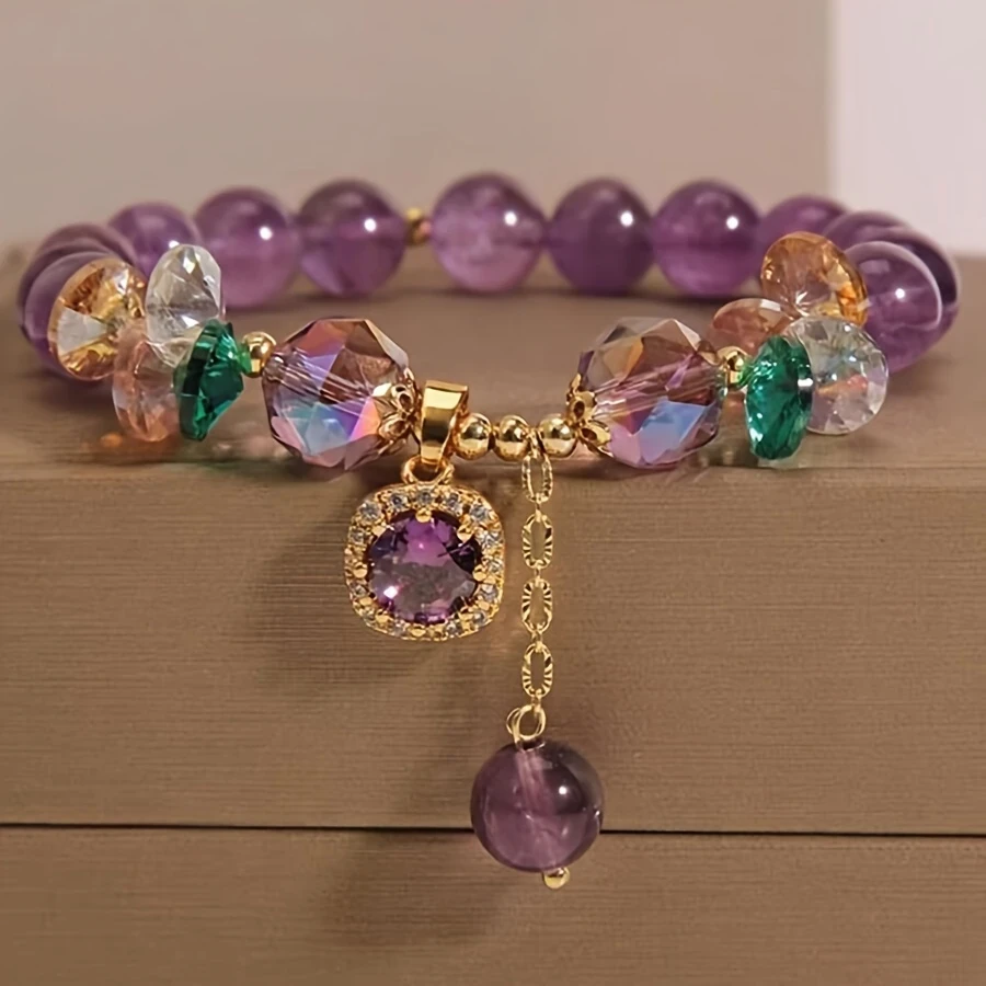 Elegant Retro Amethyst Bead Bracelet with Golden-Tone Accents and Crystal Pendant – Bohemian Charm for Every Occasion