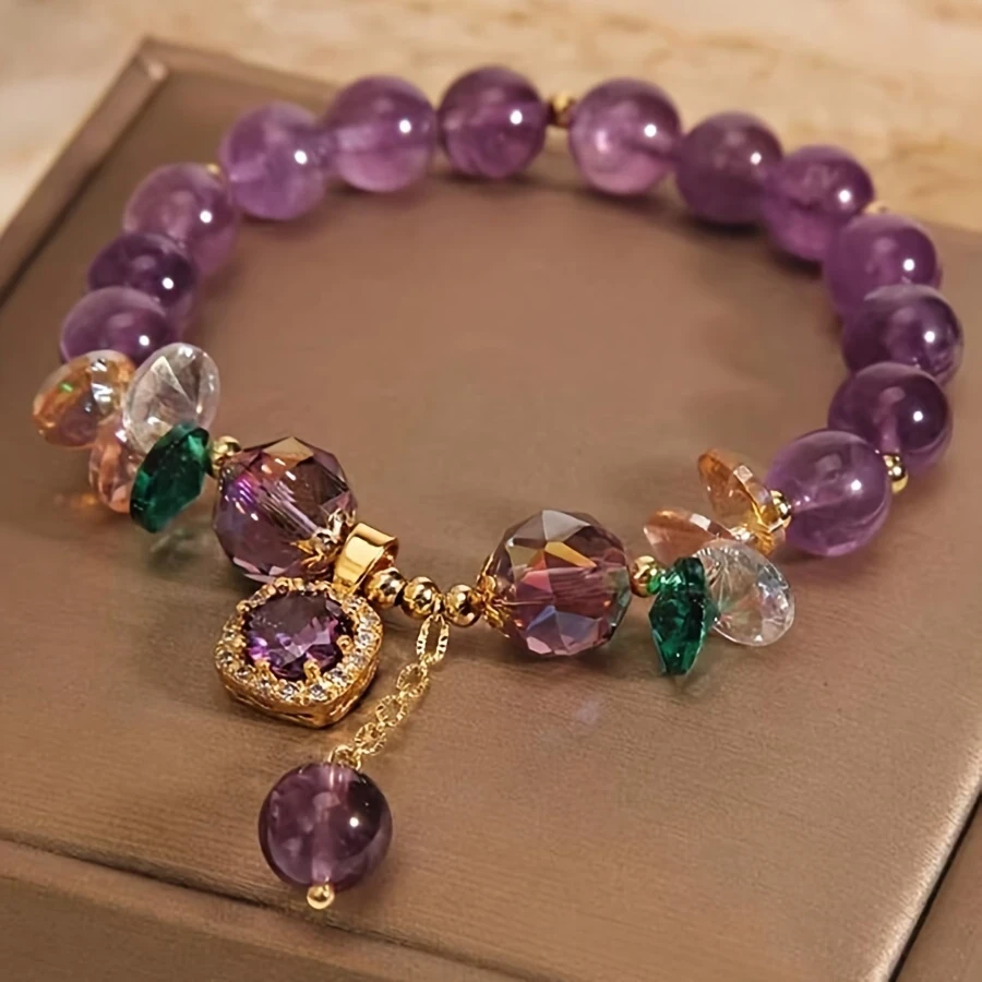 Elegant Retro Amethyst Bead Bracelet with Golden-Tone Accents and Crystal Pendant – Bohemian Charm for Every Occasion