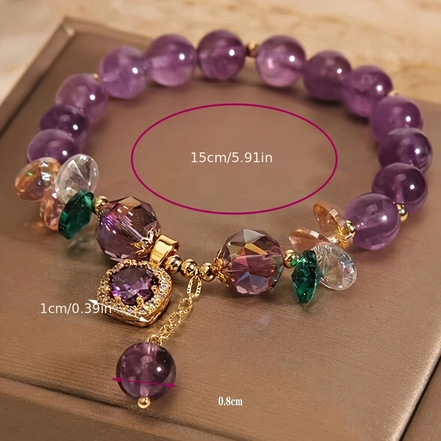 Elegant Retro Amethyst Bead Bracelet with Golden-Tone Accents and Crystal Pendant – Bohemian Charm for Every Occasion
