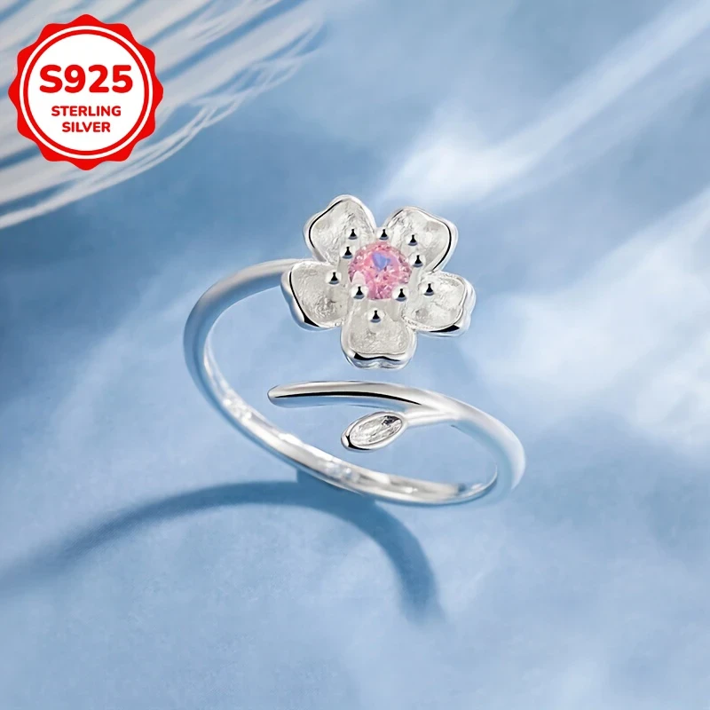 Elegant Sakura Adjustable Ring – 925 Silvery Set with Shining Zirconia for Daily and Vacation Wear