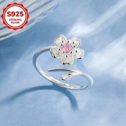 Elegant Sakura Adjustable Ring – 925 Silvery Set with Shining Zirconia for Daily and Vacation Wear