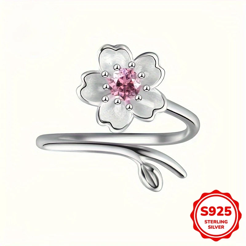 Elegant Sakura Adjustable Ring – 925 Silvery Set with Shining Zirconia for Daily and Vacation Wear