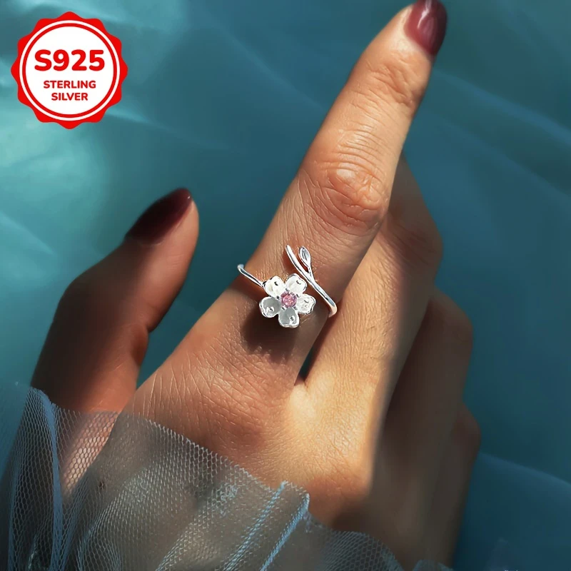 Elegant Sakura Adjustable Ring – 925 Silvery Set with Shining Zirconia for Daily and Vacation Wear