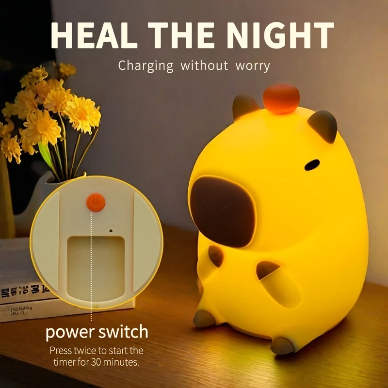 Modern Capybara Cute Night Light – Touch Control, 30-Minute Timer, and USB Rechargeable Ambient Light