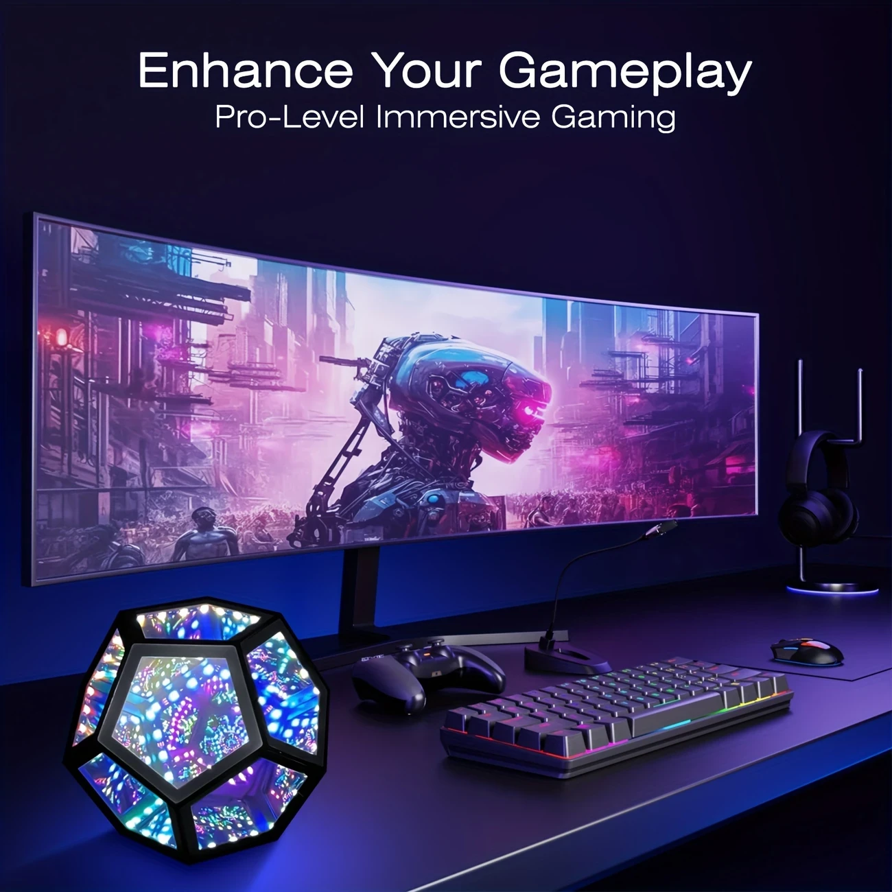 RGBW Color Changing Music Sync Infinity Dodecahedron Mirror Lamp – Ultimate Ambient Lighting for Gaming Room, Bedroom, and Desk Decor