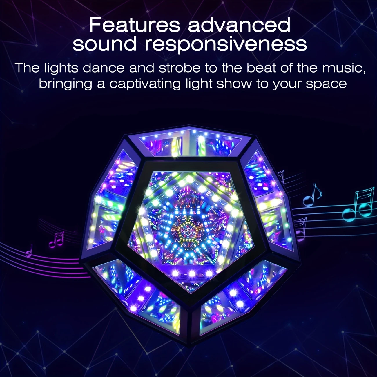 RGBW Color Changing Music Sync Infinity Dodecahedron Mirror Lamp – Ultimate Ambient Lighting for Gaming Room, Bedroom, and Desk Decor