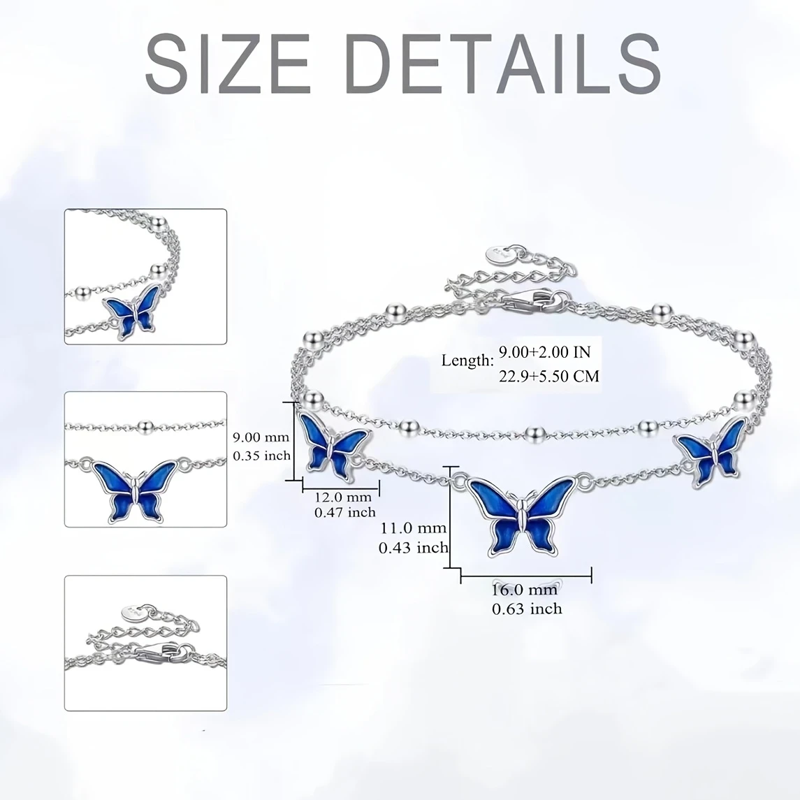 White Golden Butterfly Anklet – Elegant White Golden-Plated Copper Butterfly Anklet with Blue Enamel Accents
