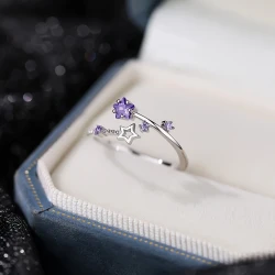 Elegant Adjustable Star Ring for Women – Silvery-Tone Copper Alloy with Purple Synthetic Zirconia