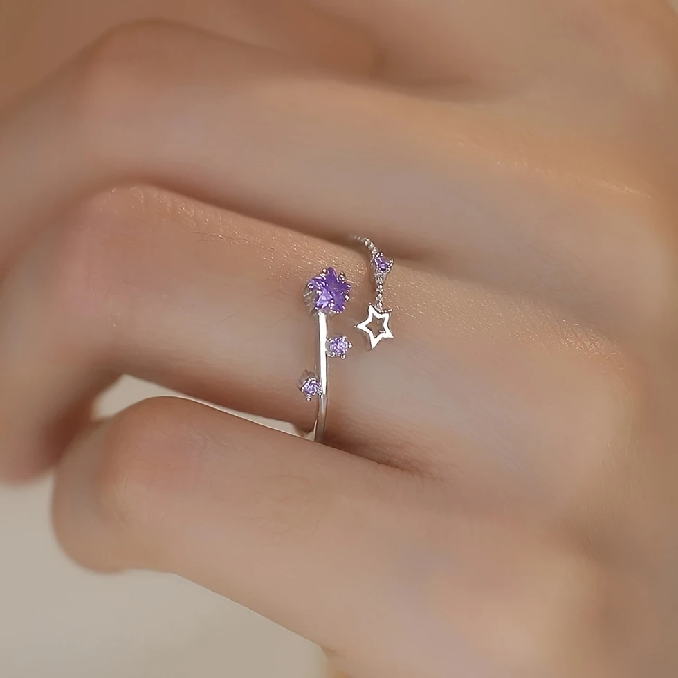 Elegant Adjustable Star Ring for Women – Silvery-Tone Copper Alloy with Purple Synthetic Zirconia