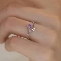 Elegant Adjustable Star Ring for Women – Silvery-Tone Copper Alloy with Purple Synthetic Zirconia