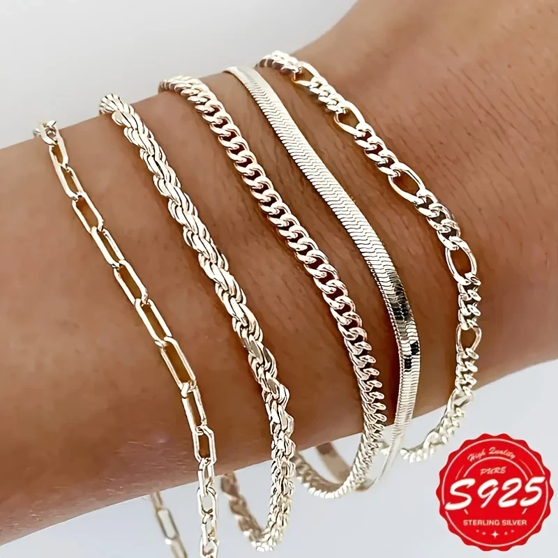 5pcs Elegant 925 Sterling Silver Cuban Chain Bracelets – Handmade Women’s Fashion Jewelry | Durable Chic Bracelets | Perfect Mother’s Day & Everyday Gift NZ