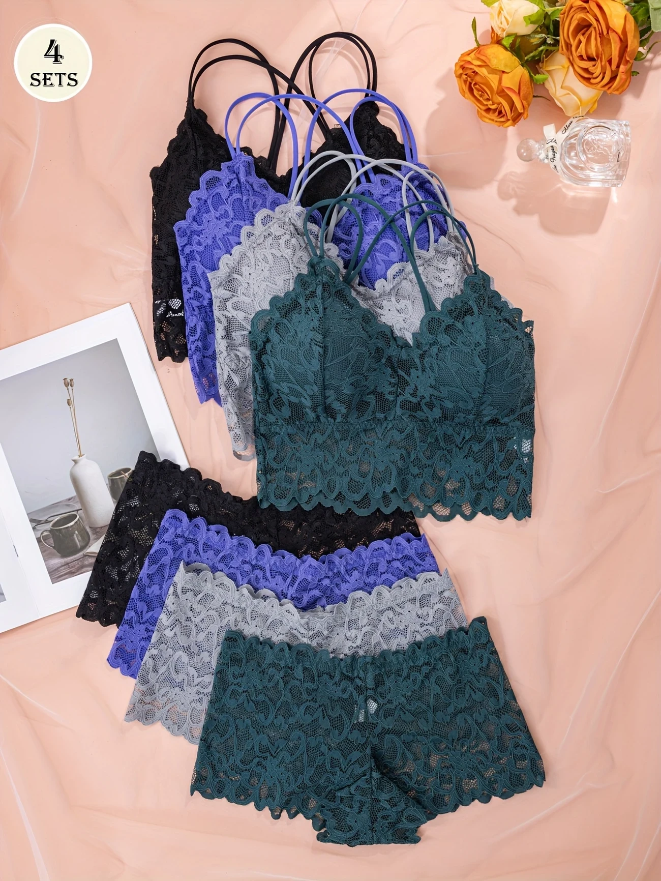 4pcs Women’s Sexy Comfortable Casual Lace Underwear Set – Gathered No Steel Ring Bra, Beautiful Back Design, Panty & Suspender Vest Wrap NZ